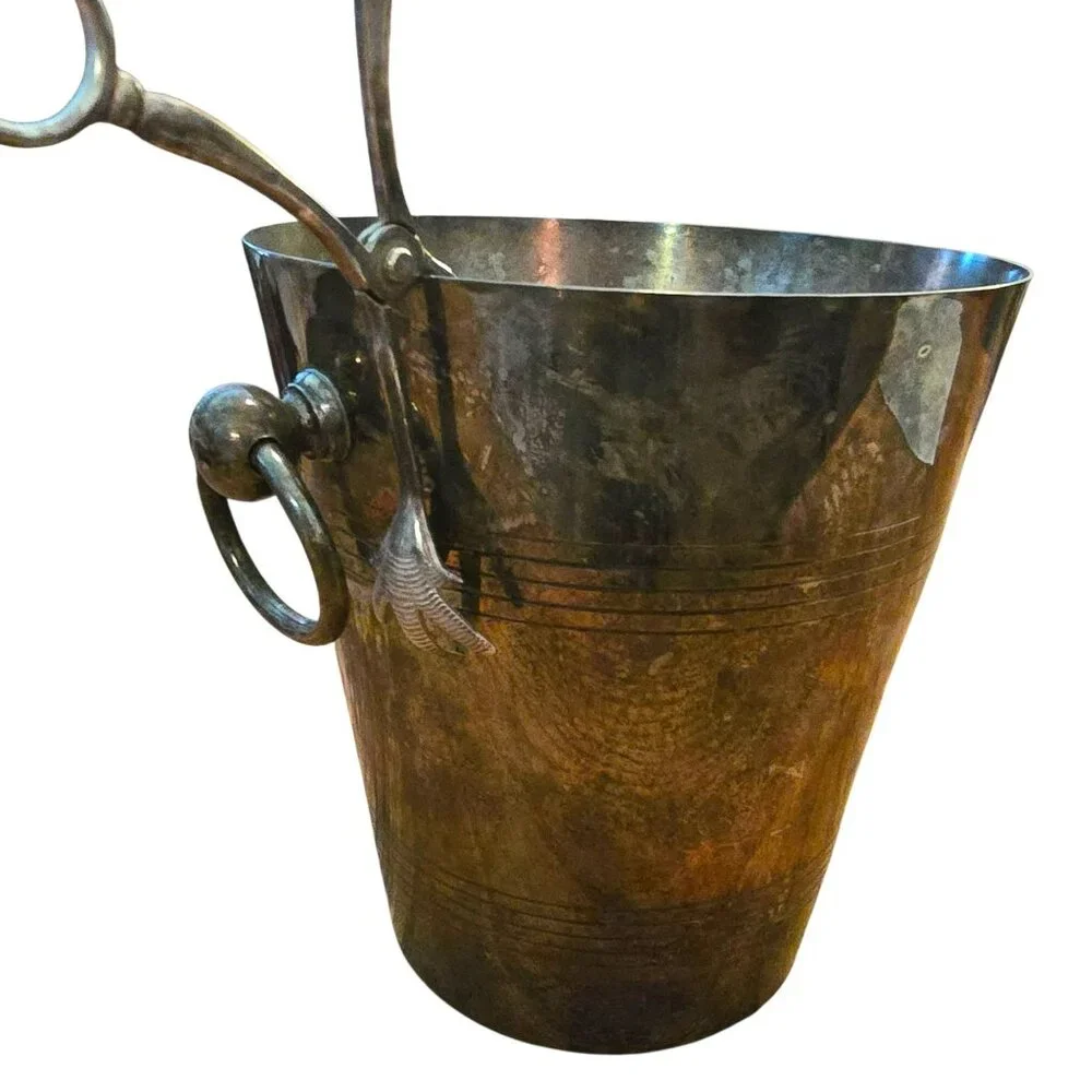 Vintage Silver-Plated Ice Bucket With Bird Foot Tongs Set K&M England CM2130